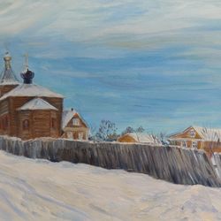 Winter landscape church original oil painting on canvas on cardboard county house church