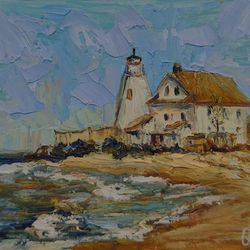 Oil painting Country house by the sea on cardboard Marylend artwork impasto