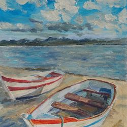 Boat on the beach oil painting on cardboard 5x7 sea artwork