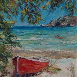 Boat on beach oil painting on cardboard 5x7 sea artwork wall art