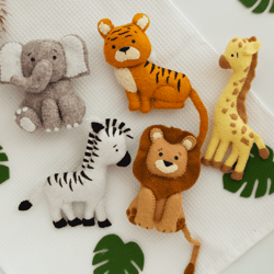 Felt Animals Safari Set, Felt Toys Jungle, Lion Zebra Giraffe Tiger Elephant, Felt Ornaments, Animals for Baby Mobile