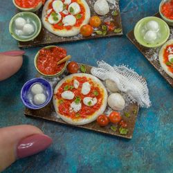 Miniature pizza making set on a wooden board | Miniature pizza | Dollhouse miniatures