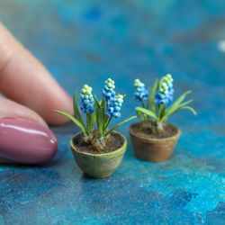 Miniature Grape Hyacinths in a Ceramic Pot | Dollhouse miniatures