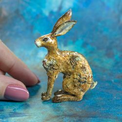 Miniature brown ceramic hare OOAK | Decoration