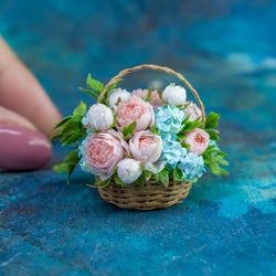 Miniature peonies and hydrangeas in a wicker basket | Dollhouse miniatures