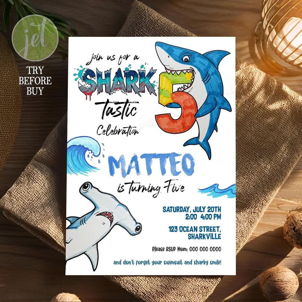 Editable Shark Boy 5th Birthday Invitation JawSome Five Birthday Invitation Template JawSome Five B 0
