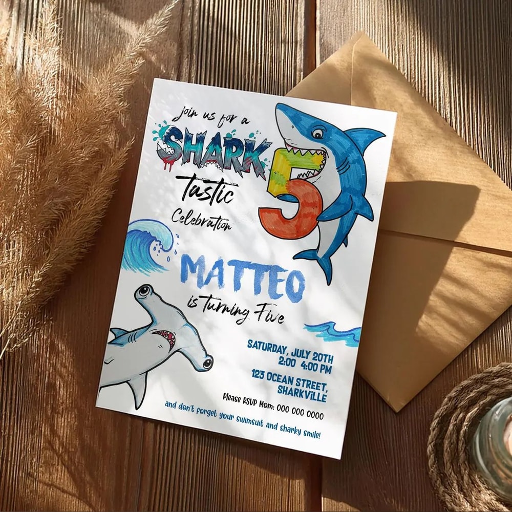 Editable Shark Boy 5th Birthday Invitation JawSome Five Birthday Invitation Template JawSome Five B 1