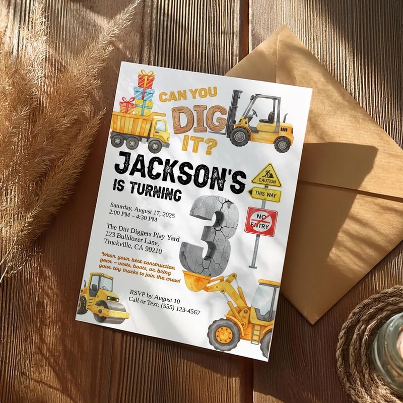 Editable Construction 3rd Birthday Invitation 3 Digging It Birthday Invitation Construction Three 1