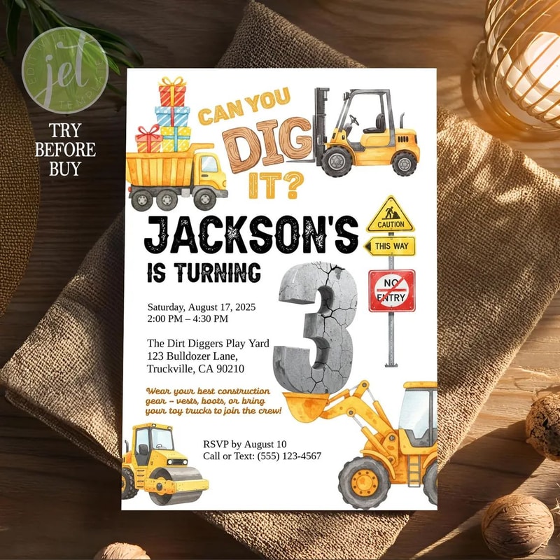 Editable Construction 3rd Birthday Invitation 3 Digging It Birthday Invitation Construction Three 0