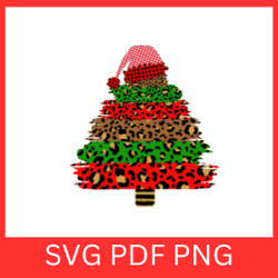 buffalo plaid cheetah tree svg, christmas tree svg, merry christmas svg, xmas tree svg, plaid christmas santa hat svg