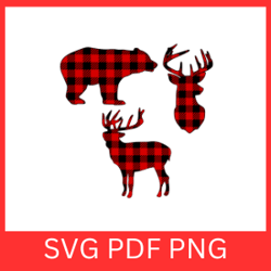 buffalo plaid animal silhouette svg, buffalo plaid bear svg, bear svg, christmas bear svg, deer face svg, deer silhoutte