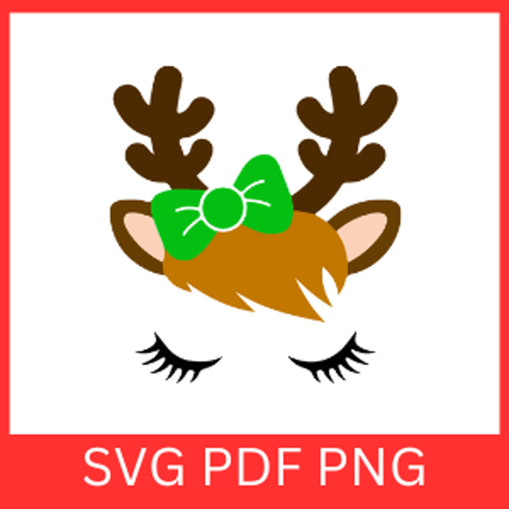 Cute Girl Reindeer Face With Green Bow SVG Reindeer Deer Face Hair Svg Green Bow Girl Svg Girl Rein 0
