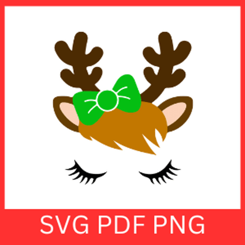 Cute Girl Reindeer Face With Green Bow SVG Reindeer Deer Face Hair Svg Green Bow Girl Svg Girl Rein 0