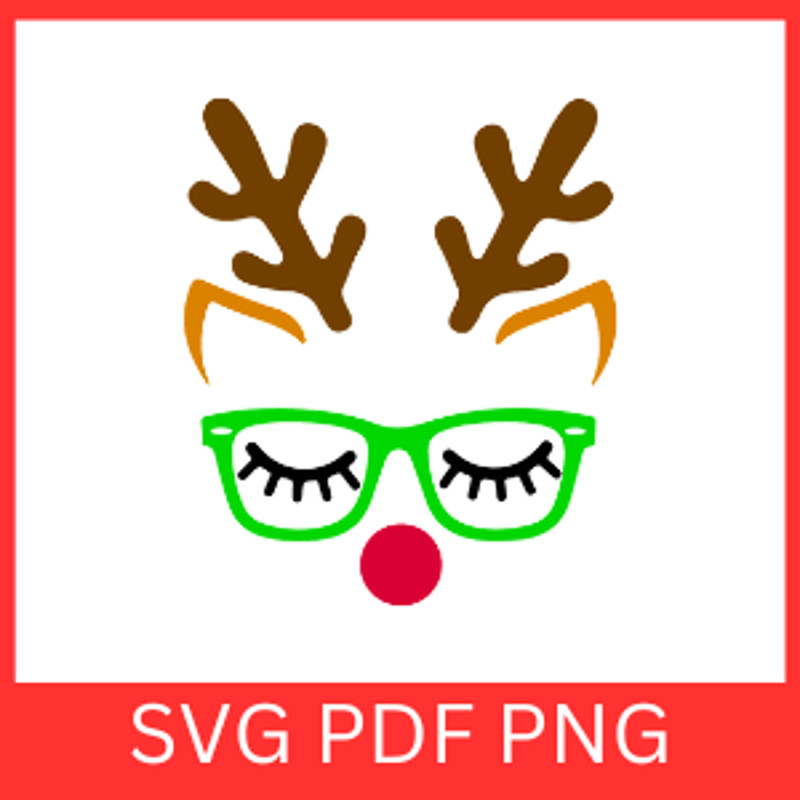 Cute Reindeer Face SVG Deer With Green Glasses Svg Reindeer Sunglasses Svg Red Nosed Reindeer Svg R 0