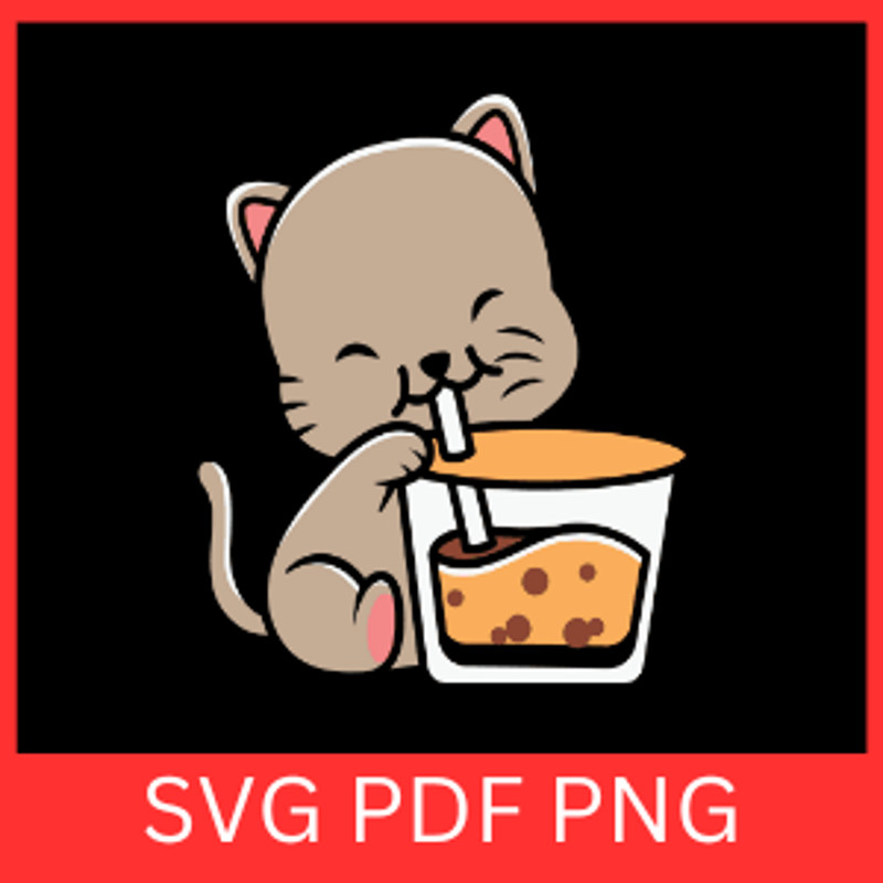 Cute Cat Holding Boba Tea Vector Svg Cat Drinking Bubble Tea Svg Kawaii Cat Tee Svg Cat Lover SvgCa 0