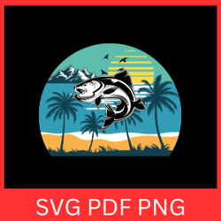 camiseta fish sunset palm svg, palm tree svg, summer svg, salmon fishing svg, outdoor fish design, salmon fishing svg