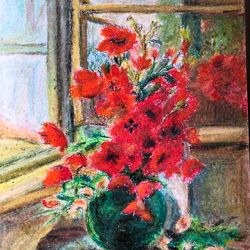 Bouquet of poppies wall art Original oil pastel painting 8x11 inch