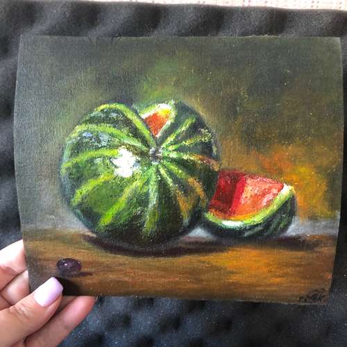 Watermelon original oil painting wall art 7x8 inches