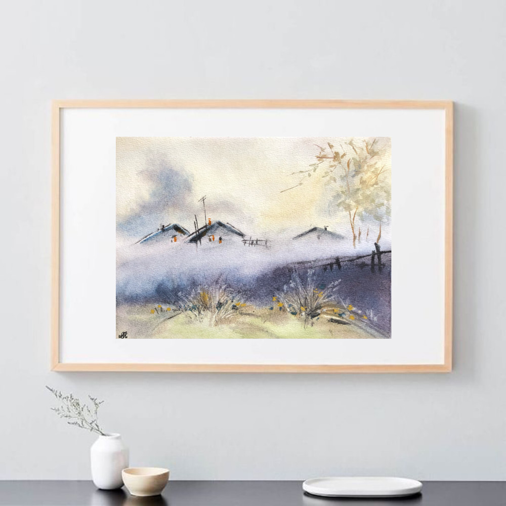 Fog In The Village Beautiful Landscape Modern Wall Art Hand Painted Original Watercolour Painting 0