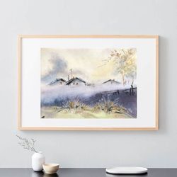 fog in the village beautiful landscape modern wall art hand painted original watercolour painting