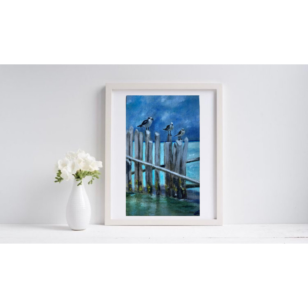 Seagulls Original Oil Modern Painting Wall Art 5x8 Inches 0