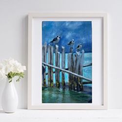seagulls original oil modern painting wall art 5x8 inches