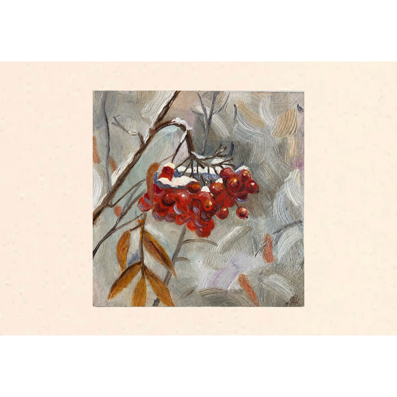 Red Mountain Ash Original Oil Painting Handmade Wall Art Bouquet Peonies On Cardboard 6x6 Inches Mo 0