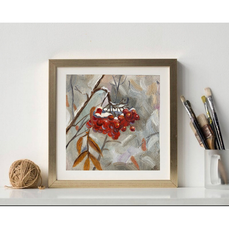 Red Mountain Ash Original Oil Painting Handmade Wall Art Bouquet Peonies On Cardboard 6x6 Inches Mo 1