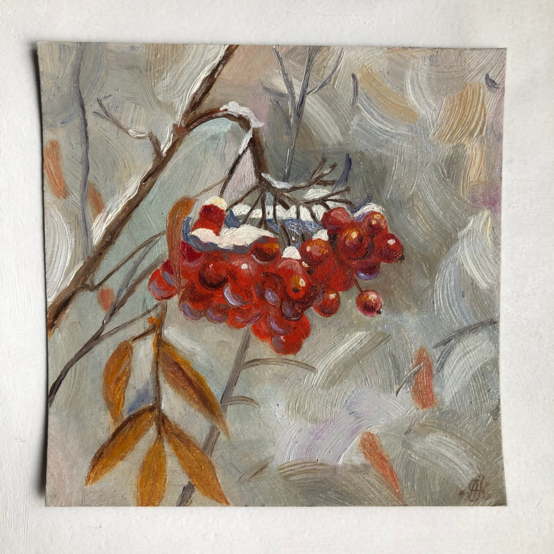 Red Mountain Ash Original Oil Painting Handmade Wall Art Bouquet Peonies On Cardboard 6x6 Inches Mo 5