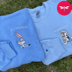 cartoon bunny couple embroidered sweatshirt, valentine embroidered sweatshirt, matching couple embroidered crewneck