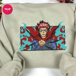 embroidered yuji itadori anime sweatshirt, embroidered yuji itadori anime hoodie, embroidered yuji itadori anime shirt