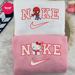 Hello Kitty And Spiderman Nike Embroidered Sweatshirt, Nike Couple Crewneck Embroidered, Trending Cartoon Shirt CP32
