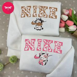 Cute Cow Hello Kitty Couple Nike Embroidered Sweatshirt, Nike Couple Crewneck Embroidered, Trending Cartoon Shirt CP34