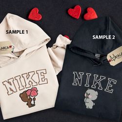 nike custom couple embroidered sweatshirt, nike mocha bear embroidererd sweatshirt, matching couple embroidered hoodie