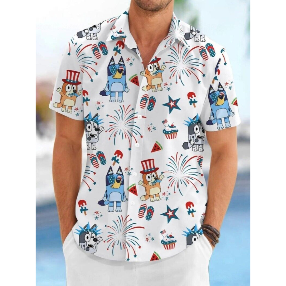 4th Of July Hawaiian Shirts USA Flag Bluey And Bingo Patriotic Casual Button Up Aloha Shirt - 90scloth.jpg