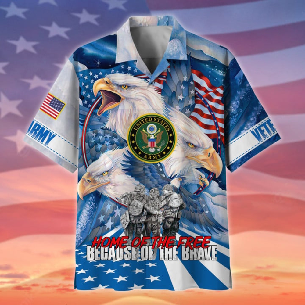 4th Of July Hawaiian Shirts USA Flag Home Of The Free Army Patriotic Casual Button Up Aloha Shirt - 90scloth.jpg