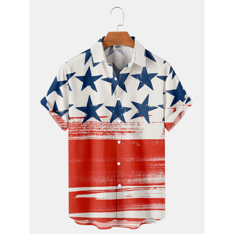 4th Of July Red Blue Stars Hawaiian Button Up Shirt Summer Beach Patriotic Aloha Shirt - 90scloth.jpg