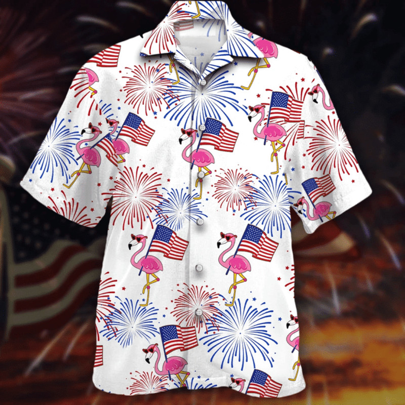4th Of July USA Flag Red And Blue Firework Flamingo Hawaiian Button Up Shirt Summer Beach Flamingo Aloha Shirt - 90scloth.jpg