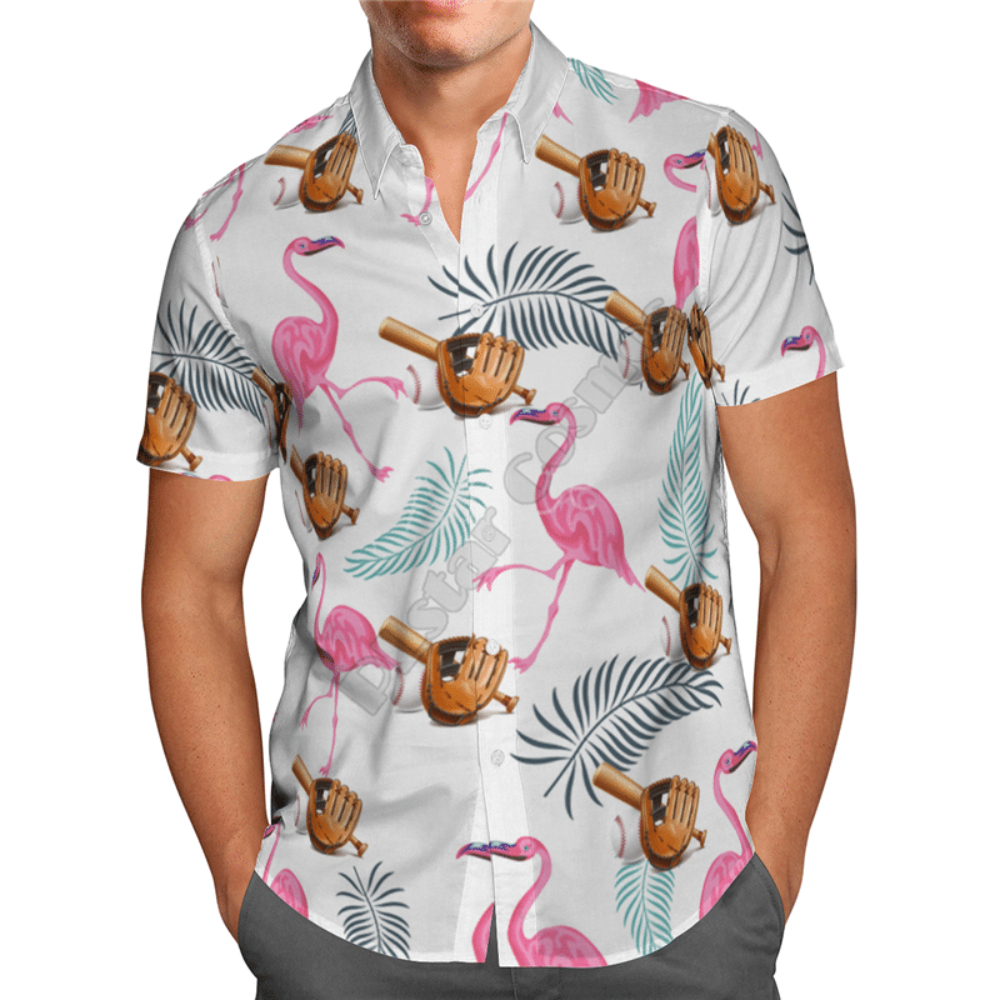 Baseball Lover Flamingo Hawaiian Button Up Shirt Summer Beach Flamingo Aloha Shirt - 90scloth.jpg
