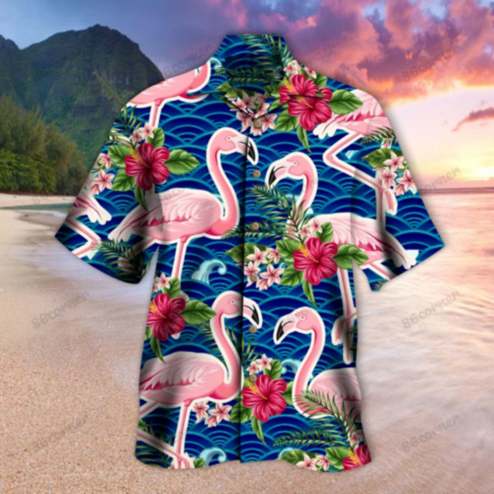 Blue Flamingo Hawaiian Button Up Shirt Summer Beach Flamingo Aloha Shirt - 90scloth.jpg