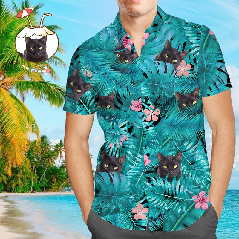 Custom Photo Hawaiian Shirt Black Cat Personalized Face Casual Button Up Aloha Shirt - 90scloth.jpg