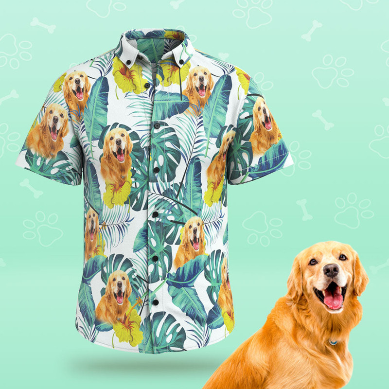 Custom Photo Hawaiian Shirt Green Leaves Personalized Dog Face Casual Button Up Aloha Shirt - 90scloth.jpg