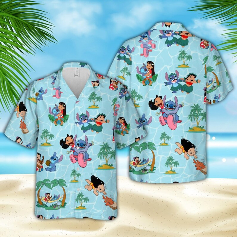 Disney Hawaiian Shirt Summer Beach Lilo And Stitch Playing Disney Blue Aloha Button Up Shirt - 90scloth.jpg