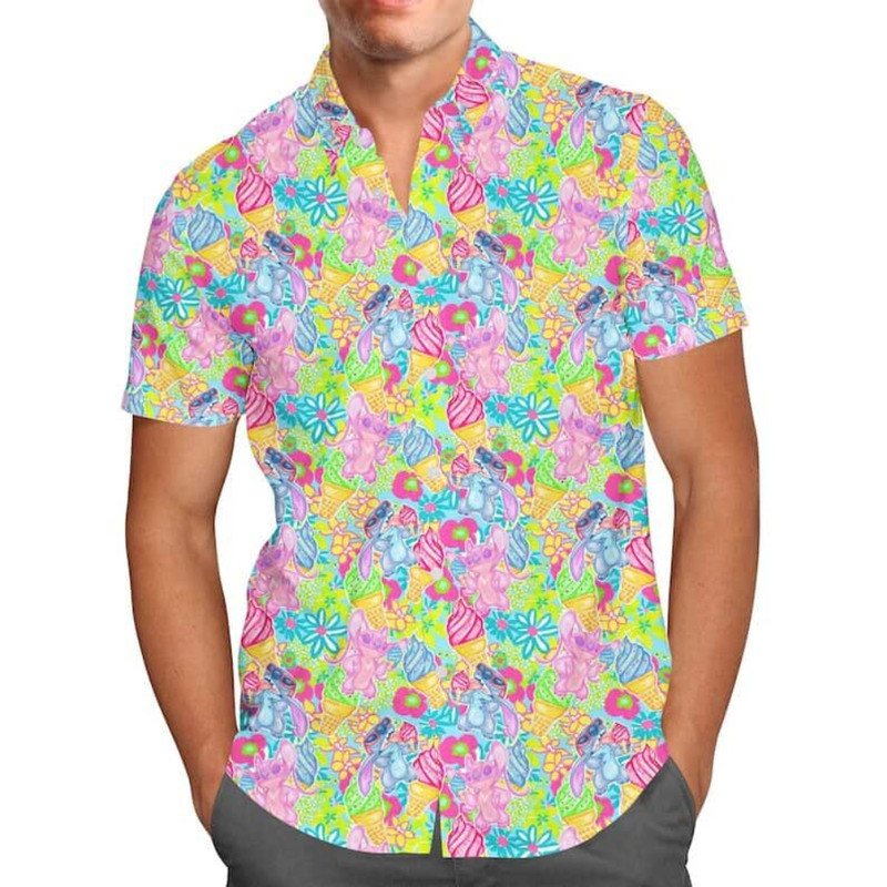 Disney Hawaiian Shirt Summer Beach Neon Floral Stitch & Angel Disney Aloha Button Up Shirt - 90scloth.jpg