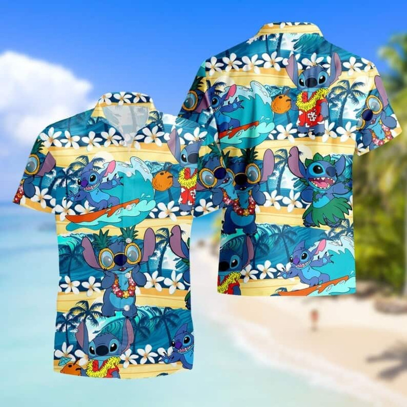 Disney Hawaiian Shirt Summer Beach Stitch Dancing Surfing Disney Aloha Button Up Shirt - 90scloth.jpg
