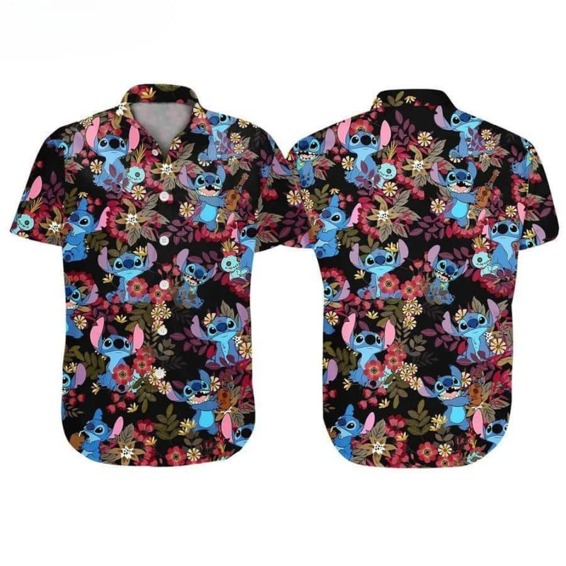 Disney Hawaiian Shirt Summer Beach Stitch Disney Tropical Flowers Aloha Button Up Shirt - 90scloth.jpg
