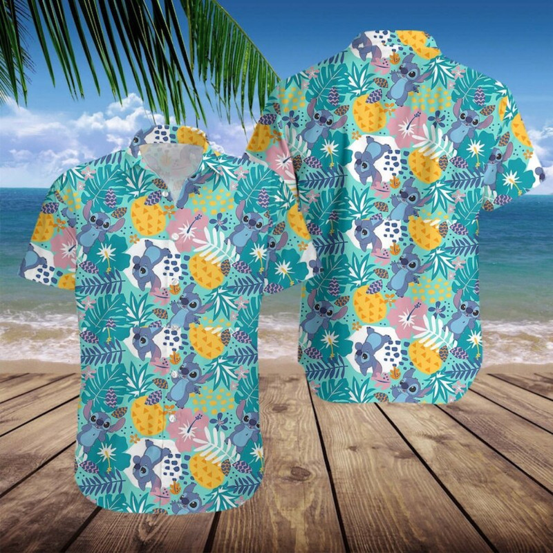 Disney Hawaiian Shirt Summer Beach Stitch Pineapple Disney Aloha Button Up Shirt - 90scloth.jpg