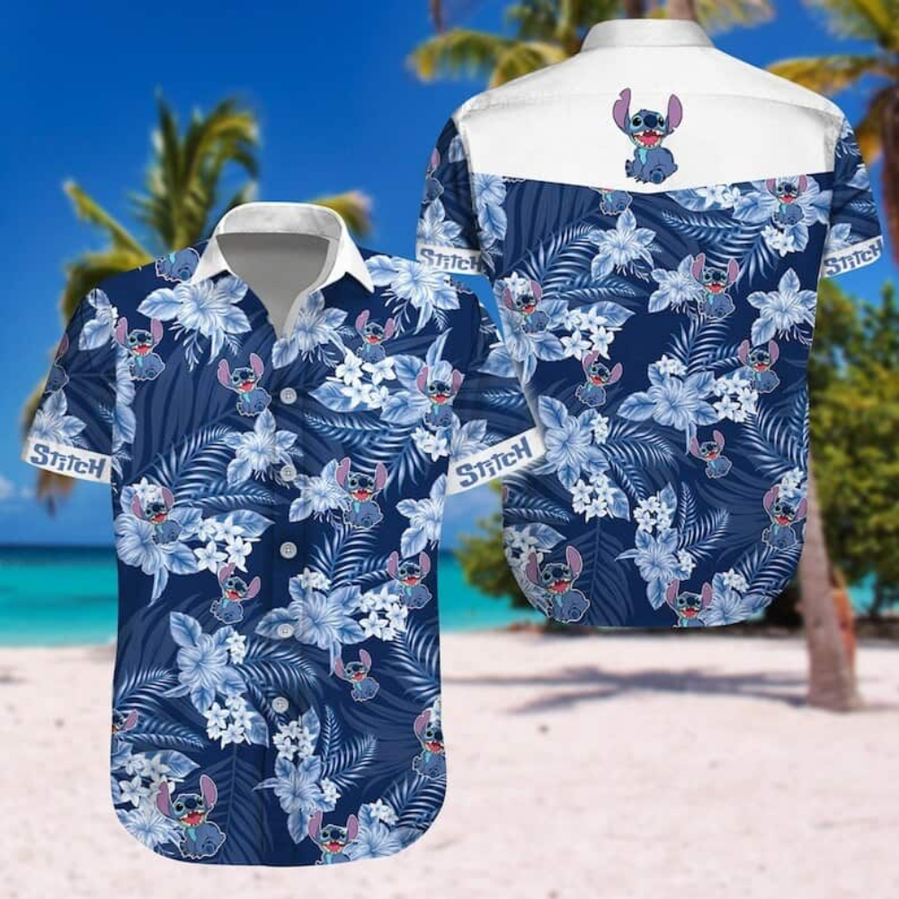 Disney Hawaiian Shirt Summer Beach Stitch Tropical Disney Blue White Aloha Button Up Shirt - 90scloth.jpg