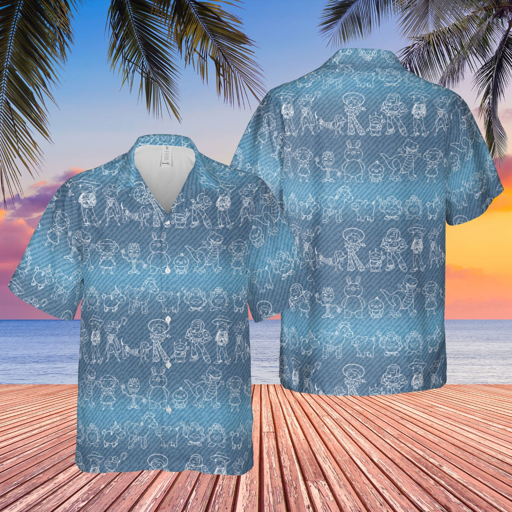 Disney Hawaiian Shirt Summer Beach Toy Story Line Drawings Disney Aloha Button Up Shirt - 90scloth.jpg