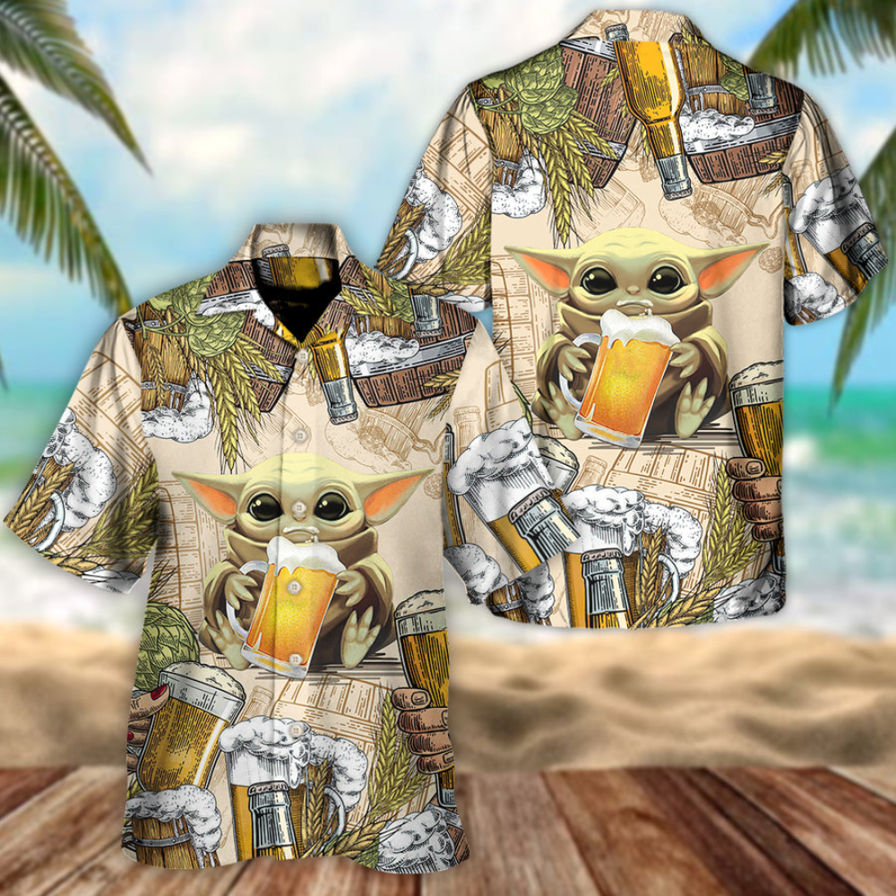 Disney Star Wars Hawaiian Shirt Summer Beach Starwars Baby Yoda And Beer Wheat Aloha Button Up Shirt - 90scloth.jpg